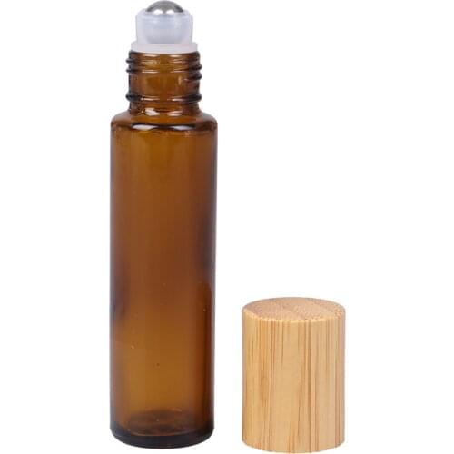 New 15ml Brown Frosted Empty Refillable Roller Bottle With Stainless Steel Roller Ball Bamboo Cap Essential Oil Container