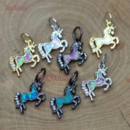 Lovely Design Unicorn Kids Charm Natural Opal Colors Micro Pave Clear Czech Zirconia Style Jewelry In 11*15*2 mm PM9670