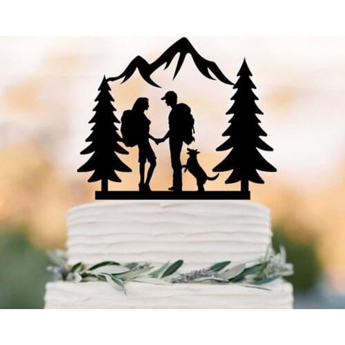 Backpacking Bride & Groom outdoor wedding Mountain Wedding Cake Topper with trees Hiking Couple wedding cake topper with dog