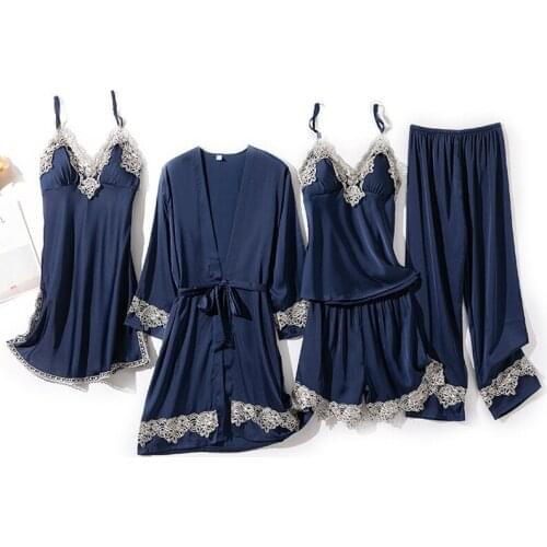 Pajamas Set Women Faux Silk Sexy Pyjamas With Lace Female Long Sleeve Shirt Pants 5 Piece Lingerie Sets Sleepwear With Pads