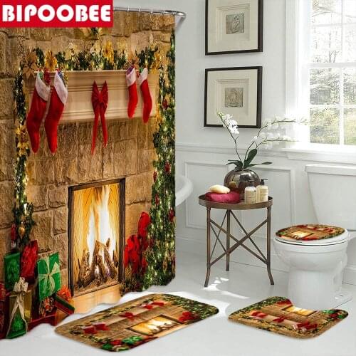 Christmas Living Room Fireplace Printing Shower Curtain Xmas Bathroom Decoration Toilet Lid Cover Bath Mat Non-slip Carpet