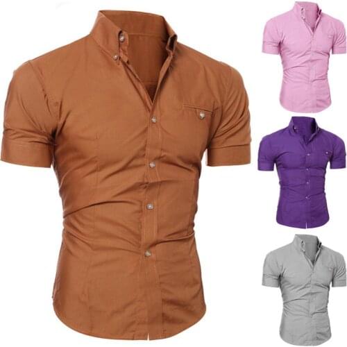 Fashion Men Solid Color Buttons Down Shirt Short Sleeve Slim Lapel Tops Beach Loose Holiday Shirt Comfortable