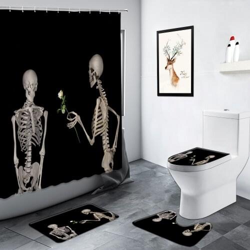 Skull Skeleton Shower Curtain Rose Flower Halloween Black Background Home Decor Bathroom Carpet Non-slip Rug Toilet Bath Mat Set