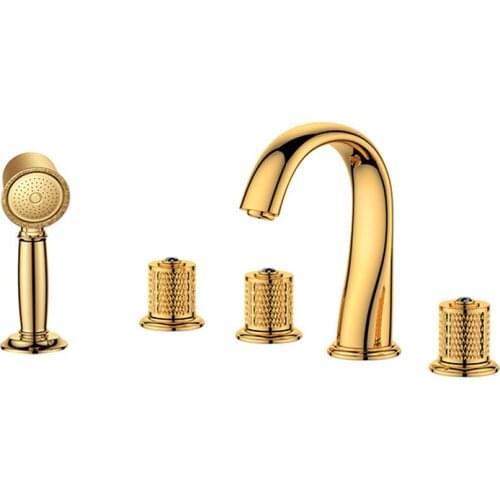 Contemporary GOLD PVD Five Holes Three Handles Widespread Bathtub Faucet with Hand Shower deck mounted round style