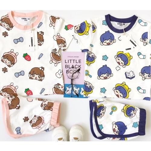 Tonytaobaby New Style Summer Cute Cartoon Printed Full Printed GIRLS and BOYS Pure Cotton Homewear Set