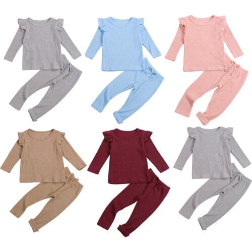 Girls Spring Autumn Clothes Casual Two-piece Set Solid Color Fly Sleeves Pullover T shirt and Leggings for 2-7 Years