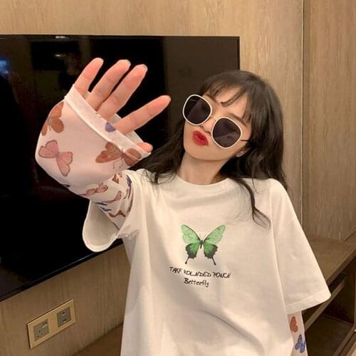 Womens T-shirt Fake Two-piece Short-sleeved Shirt Summer 2021 New White Butterfly Long-sleeved Loose Student Sunscreen Top Tide