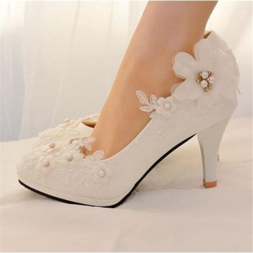 Classic white lace flower wedding shoes woman high heels 2019 women low heels bridal shoes female shoes plus size 41 42