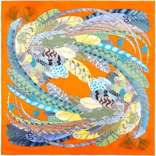 90CM Womens Scarf Feather Printed Handkerchief Luxury Brand Hand-Curled Hijab Scarf Women Headscarf Foulard Femme Scarf Shawl