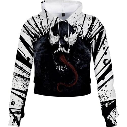 Venom print New Women Long Sleeve Crop Top Short Hoodies Sweatshirt Girls Casual Pullover Loose Tracksuits Jumpers