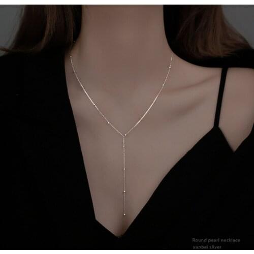 VENTFILLE 925 Sterling Silver Round Bead Long Tassel Necklaces for Women Simple Clavicle Chain Accessories Wholesale
