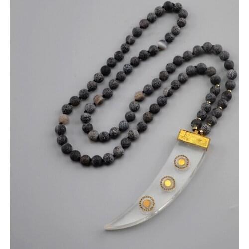 Boho Women Pendant Necklace Fire Agates Beads With Crystal Horn Pendant Necklace Women Beads Knotted Ethnic Necklace Wholesale