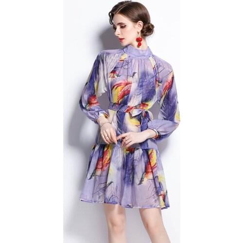 Stand Neck Purple Summer Dress Women Long Sleeve Lace Up Chiffon Dress Runway Streetwear Vintage Office Lady Loose Elegant C222