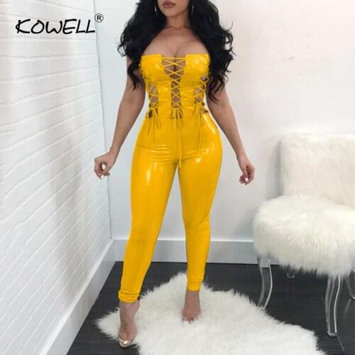 2020 Lace Up Strapless PU Sexy Jumpsuit Women Off Shoulder Bandage Skinny Women Rompers Hollow Out Backless Bodysuit Jumpsuit
