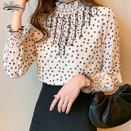 2021 Casual Long Sleeve Stand-collar Polka Dot Printed Chiffon Blouse Spring Autumn Style Chiffon Shirts Women Tops Blusas 13098