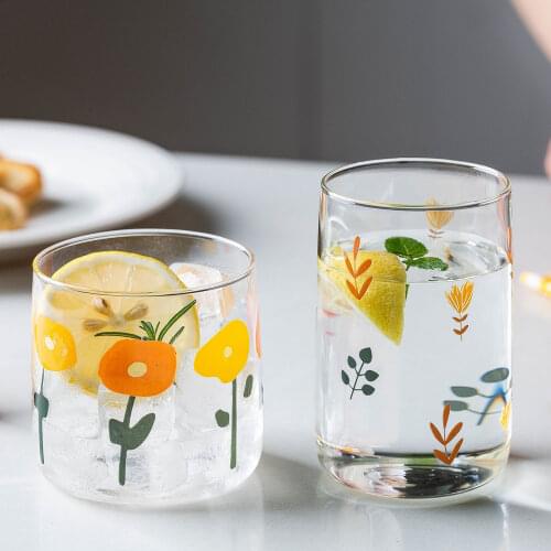 350ml Flower Glass Breakfast Milk Juice Cup Transparent Water Cup Home Party Drinking Cups Tumbler Cup Cute Glass Cup Kawaii Cup
