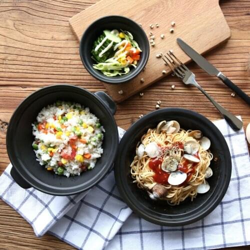 Brand Ceramic Plate Dish High Quality Porcelain Frost Round Salad Cutlery Black Double Handgrips Dishes & Plates 1 Pieces