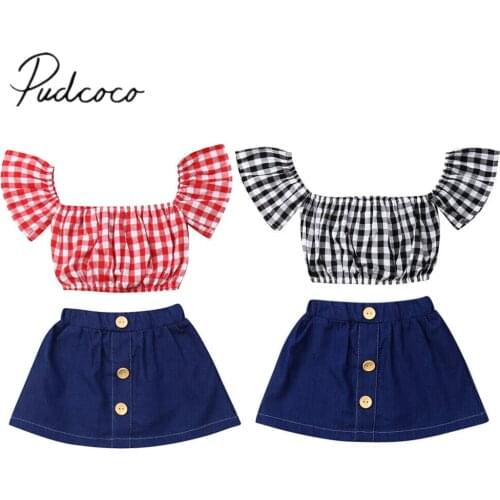 2019 Baby Summer Clothing Infant Kid Baby Girl Clothes Off-Shoulder Plaids Crop Tops Shirts +Denim Skirt 2PCS Outfit 6M-5T