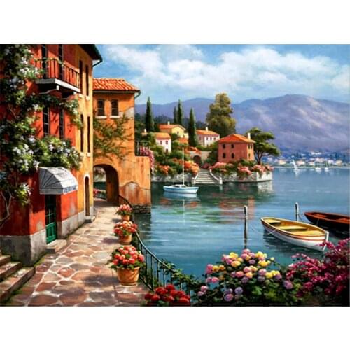Landscape Town Seaside Printed Water-Soluble Canvas 11CT Cross Stitch Embroidery Complete Kit DMC Threads Hobby work Magic