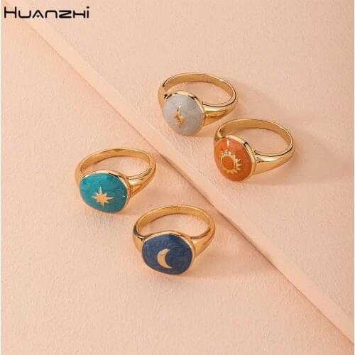 HUANZHI 2020 New Trendy Multicolor Enamel Lightning Moon Sun Sparks Drop Oil Metal Round Rings for Women Girl Party Jewelry Gift