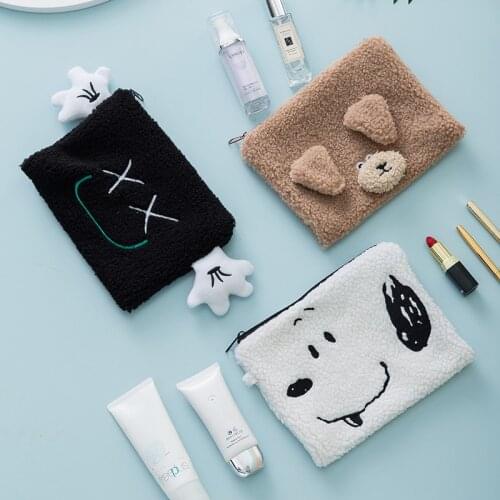 Korea cartoon lamb wool cartoon makeup bag organizer sanitary napkin storage bag travel portable large capacity cosmetic bag
