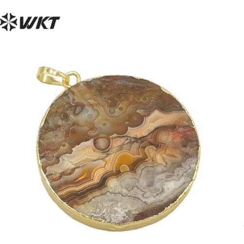 WT-P1040 Small 30mm Round Stone Pendant with 24k Gold Electroplated, Mexican Stone Pendant Necklace Round Shape Wholesale
