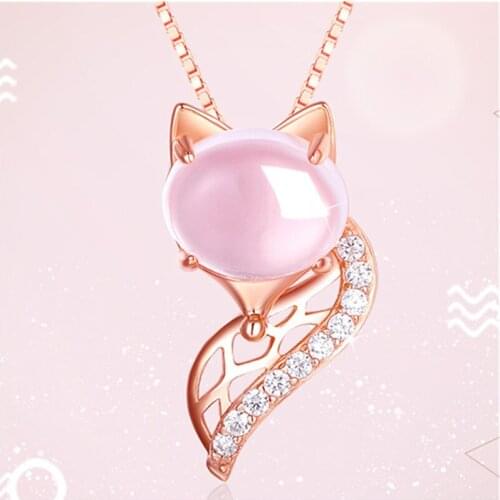 Cute Crystal Pink Fox Pendant Necklace Girl Jewelry Rose Gold Shiny CZ Women Silver 925 Necklace Chain Clavicle Accessories Lady