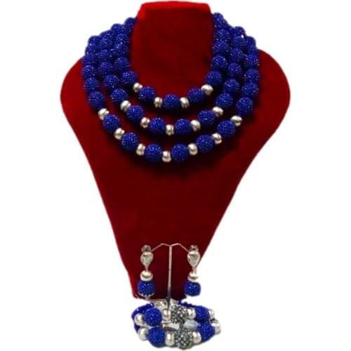 Fashion Royal Blue and Silver Fine Jewelry Sets For Party Women Luxury Handmade Bridal Necklace Sets Beads African Wedding Sets
