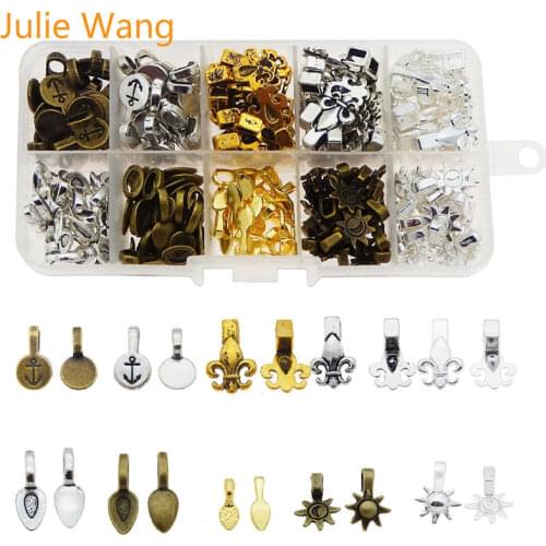 Julie Wang 200PCS/Box Retro Multi-Shape Glue On Bail Tags Clasps Charms Pendant Necklace Bracelet Jewelry Making Accessory Set