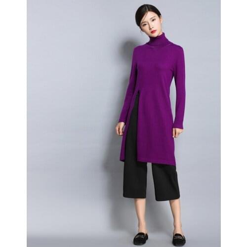 Autumn Fashion Turtleneck Sweater Women Long Sleeve Top Knitted Sweater Pullovers High Split Hem Casual Solid Womens Clothing