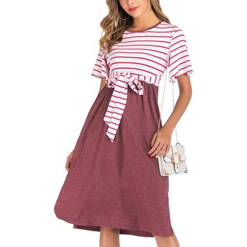 Pregnancy Pijama Womens O-neck Short-sleeved Striped Stitching Dress For Pregnant Maternity Sleepwear Women Для Беременных