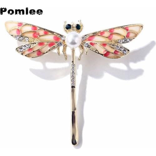 Pomlee Korea Pink Crystal Oil Dragonfly Brooches For Women Insect Animel Pin Broche Femme Bijoux Christmas Gifts Wholesale