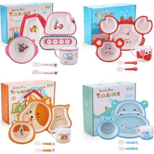 Bite Bites 5Pcs/Set Baby Feeding Tableware Bamboo Cartoon Animal Partitioned Dinner Plate Baby Eating Dinnerware Set Kid Goods