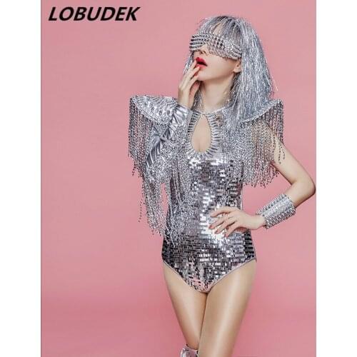 Silvery Tassel Sparkly Sequins Female Bodysuit Bling Crystals bodysuit Bar Party DJ Singer Costume Dance Modern Dance Outfits