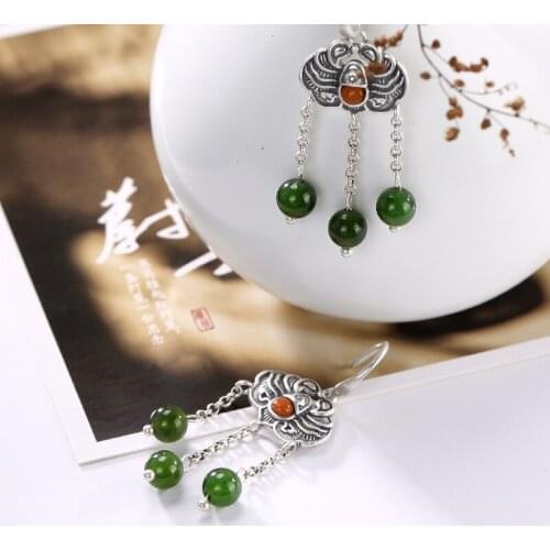 Brinco Promotion 2018 100% 925 Pure Inlay Hetian Jade Natural Restoring Ancient Ways Bead South Lady In Front Earrings