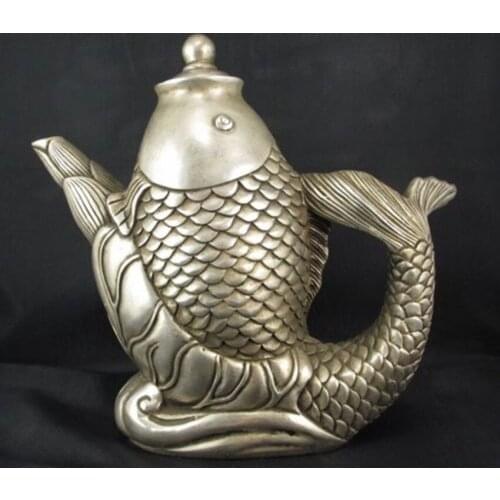 Old Tibet silver hand carved Chinese collection home decoration big whitebait teapot metal handicraft