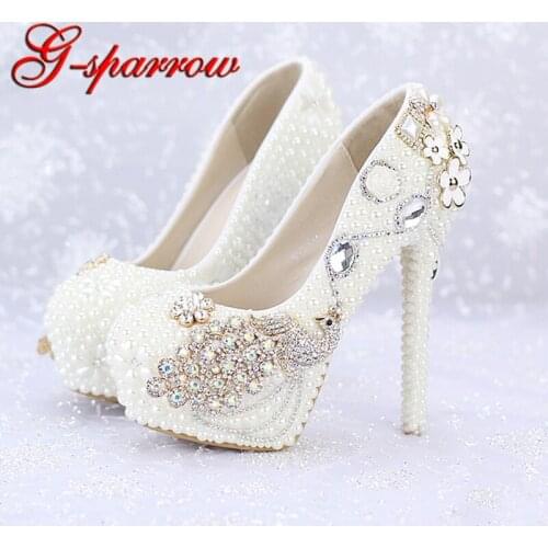 Custom Made New Ivory Pearl Wedding Shoes Round Toe Platforms Phoenix Rhinestone Bridal Dress Shoes Banquet Prom Pumps