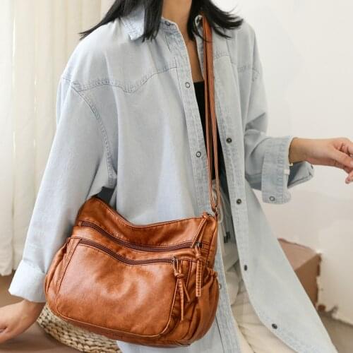 Vintage Women Fashion Shoulder Bag Pu Leather Crossbody Bag Soft Women Purse Multi-pockets Messenger Bag Women Casual Tote Bag