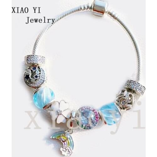 XIAOYI 2020 New 100% S925 Rainbow flower bracelet star and Moon Coloured glaze love bracelet send girlfriend wedding female