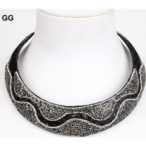 GuaiGuai Jewelry Black Leather Macarsite Choker Necklace