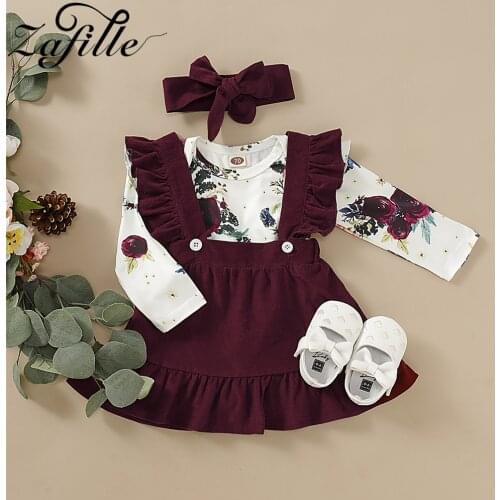 ZAFILLE Winter Baby Girl Clothes Newborn Floral Bodysuit Romper+Suspender Skirts+Headband Baby Clothes Outfits Kids Baby Dress