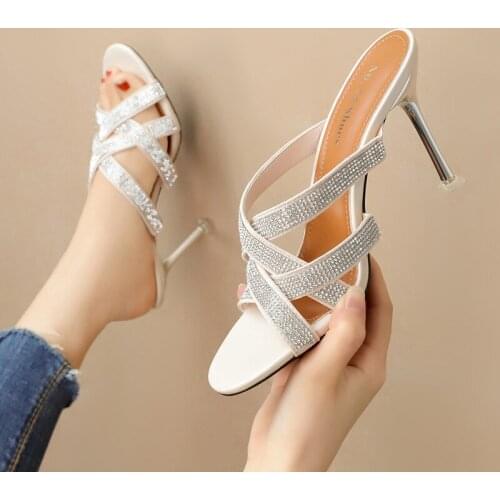 Women sandals PU Sequined Cloth Slip On 9CM Thin Heels High heels Round Toe Rhinestones Bling Shallow women shoes size 35-42