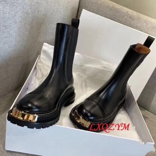 Genuine Leather Colored Thick bottom Chelsea boots women British slip on short Knight boots Runway Flat Ankle boots size 44 45