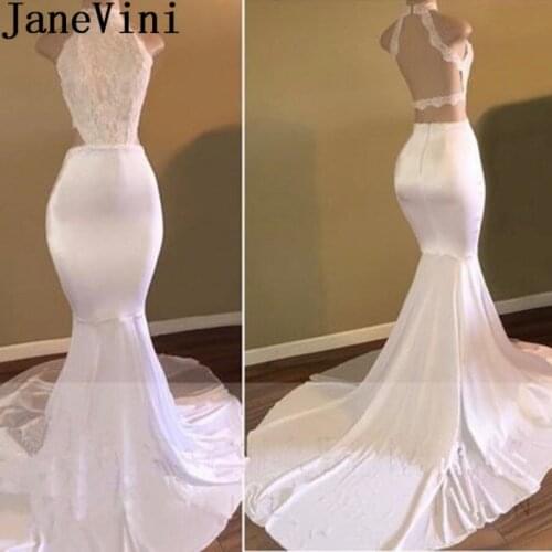 JaneVini Sexy Mermaid Prom Dress Black Girls Backless White Lace Halter Long Formal Evening Gowns Women Court Train Gala Dresses