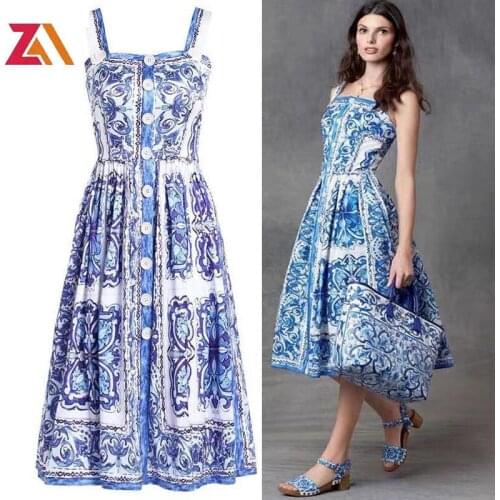 Designer runway fashion summer dress womens spaghetti strap blue vintage printed casual party elegant knee-length dresses robes