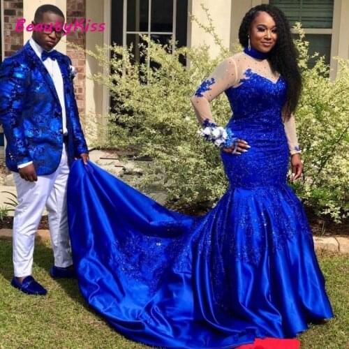 Plus Size Royal Blue Mermaid Prom Dresses High Neck Lace Stain Applique Long Sleeves African Black Girl Evening Wear Gowns