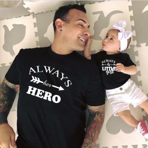 1pcsAlways Her Hero & Always His Little Girl Lovely T Shirt Dad & Daughter Shirt Kids & Mens Short Sleeve Tee