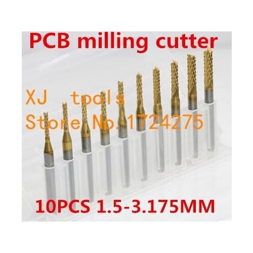 10pcs Titanium Coat Carbide 1.5-3.175mm PCB Carbide Tools,CNC Cutting Bits, Millinging Cutters Kit for Engraving Milling Machine