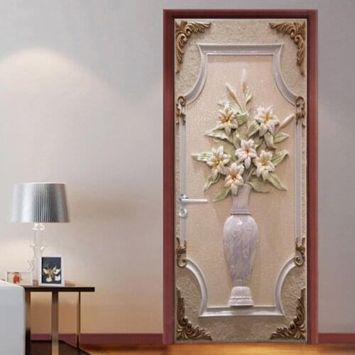 European Style 3D Stereo White Vase Door Sticker Creative DIY Murals Wallpaper Bedroom Living Room Door Wall Painting Home Decor