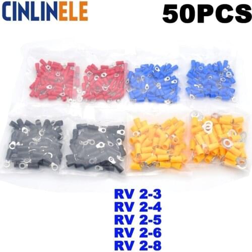 50Pcs/Lot Ring Crimp Insulation Terminal RV2-3 RV2-4 RV2-5 RV2-6 RV2-8 RV2-10 Wire Cable Connector RV